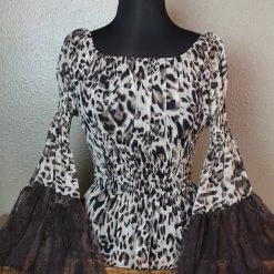 The Sparkling Spur Marrika Nakk Leopard Peasant Blouse With Lace Bell Sleeves
