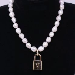 Vintage To Vogue Designs Real Vintage Brass LV Lock On Boroque Pearl Necklace