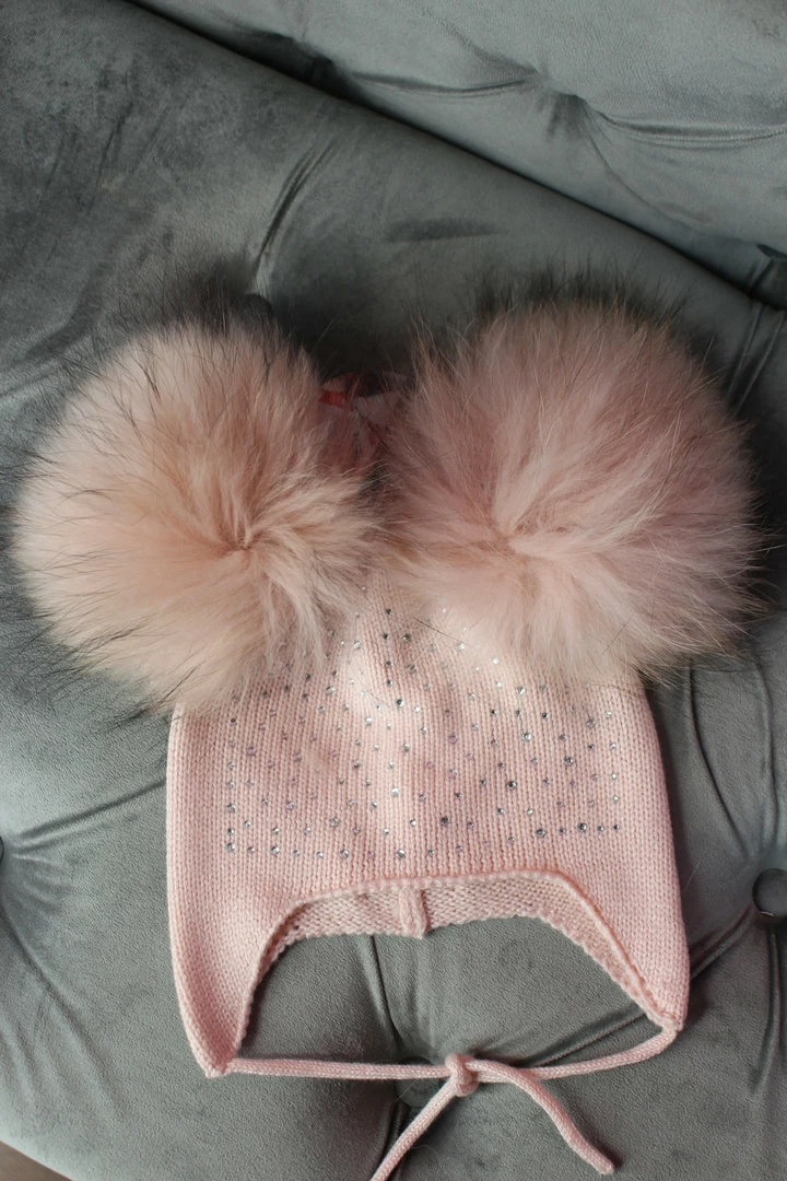 Buy ๐ Maniere Sparkly Baby Tie Hat W/Double Poms ๐ 3 Maniere Sparkly Baby Tie Hat W/Double Poms