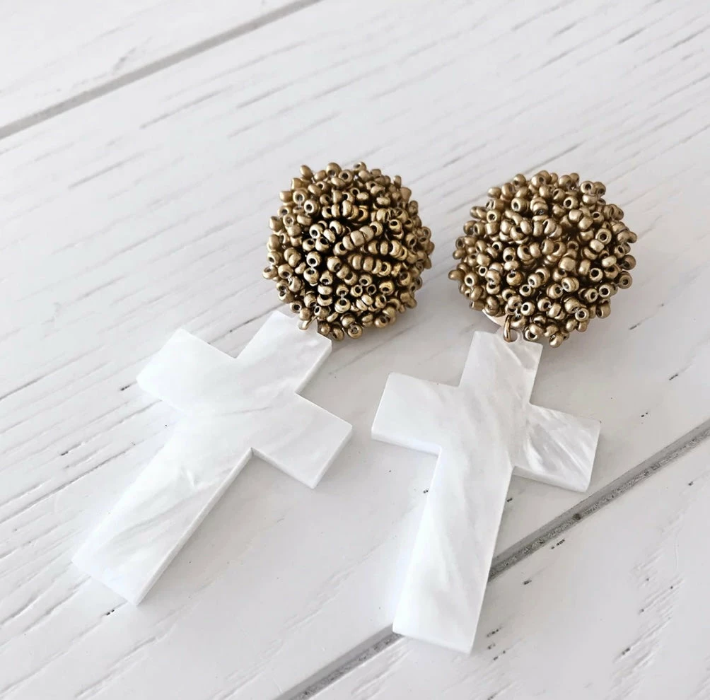 Deals ๐ Brianna Cannon Jewelry Pearl White Acrylic Cross With Gold Beaded Top โ๏ธ 3 Brianna Cannon Jewelry Pearl White Acrylic Cross With Gold Beaded Top