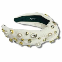Brianna Cannon White Twill Headband With Large Pearls And Crystals Hats/Headbands/Scarves/Gloves